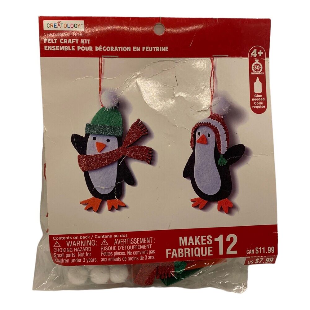 Christmas Penguins Felt Ornament Kit New Makes 12 ages 4 +